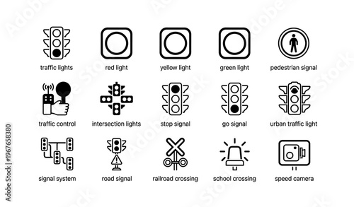 Traffic signal icons: lights, pedestrian, railroad, speed camera