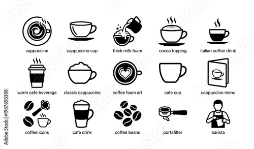 Cappuccino icons set with cups, foam, coffee beans, barista, and portafilter illustrations
