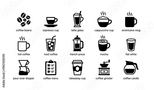 Coffee icons featuring cups, mugs, and brewing methods