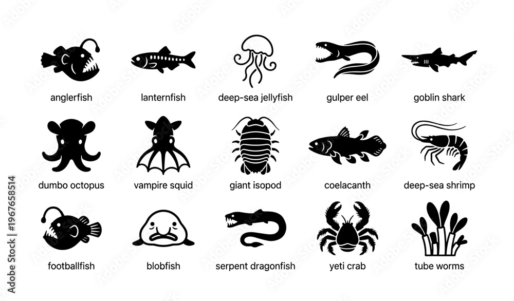 Obraz premium Deep-sea creatures icons: anglerfish, goblin shark, jellyfish