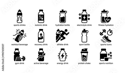 Collection of sport and hydration drink icons for fitness and workout