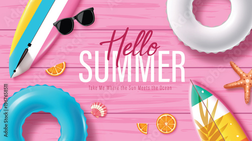 Tropical Summer Vacation Vector Background with Surfboards and Inflatable Rings on Pink Wood Texture