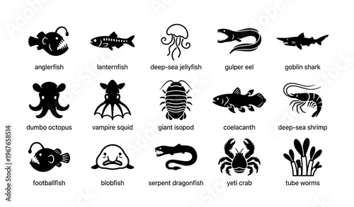 Deep-sea creatures icons: anglerfish, goblin shark, jellyfish