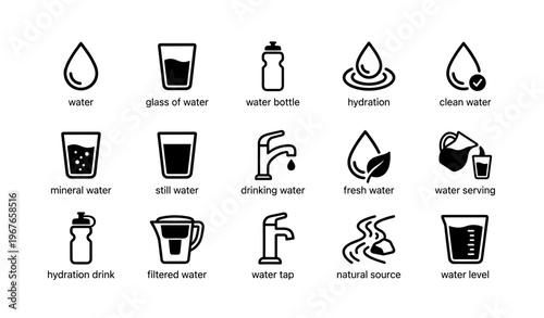 Water icons collection: hydration, bottles, glasses, and natural sources