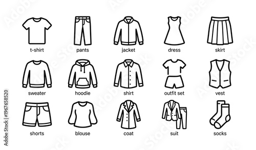 Clothing icons set: t-shirt, pants, jacket, dress, skirt, sweater, hoodie