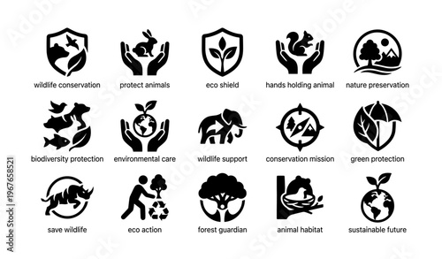 Wildlife conservation icons illustrating eco-friendly practices and nature protection symbols