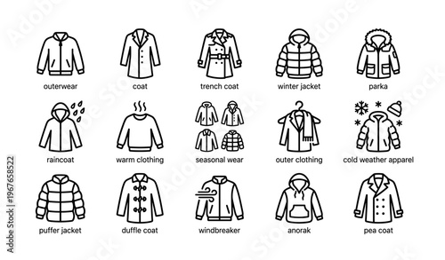 Various outerwear icons including coats, parkas, and jackets for different seasons