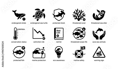Marine conservation icons highlighting endangered ocean life and protection efforts