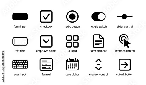 User interface elements: form inputs, toggle switches, checkboxes, sliders, icons