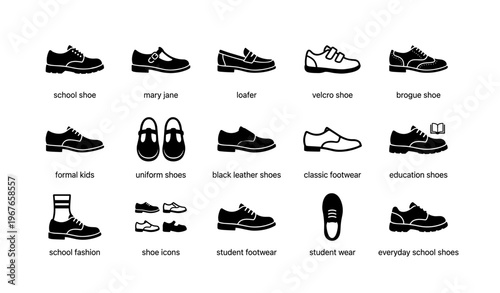 Various types of school shoes icons including loafers and mary janes