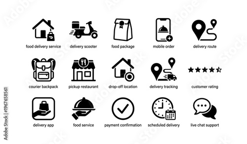 Food delivery icons set featuring scooter, mobile order, tracking, rating, service