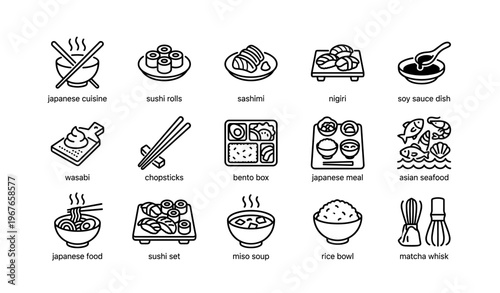 Icons of japanese cuisine: sushi, nigiri, sashimi, bento, and miso soup with chopsticks and wasabi