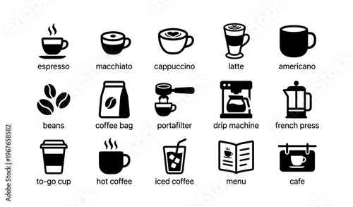 Coffee icon set: espresso, macchiato, cappuccino, latte, americano, french press