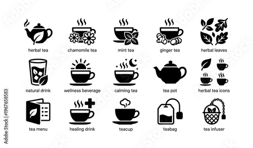 Herbal tea icon set with teapot, teacup, and leaves