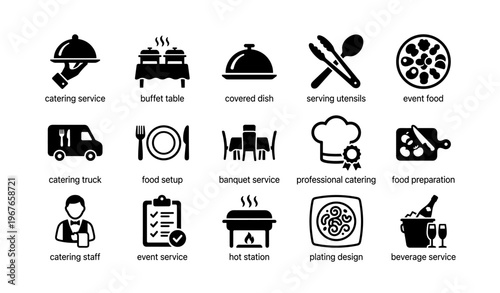 Catering service icons: buffet, covered dish, utensils, food truck, chef hat, beverage, banquet