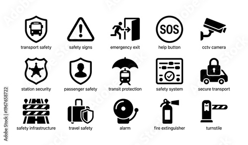 Transport safety icons: emergency exit, cctv camera, secure transit systems and alarms