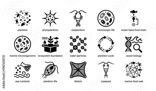 Diverse marine microorganisms and ocean life icons