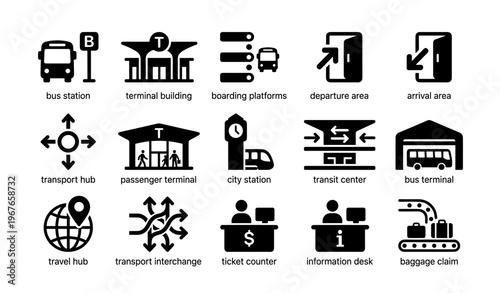 Public transport icons: stations, terminals, and travel facilities