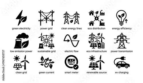 Sustainable energy and power infrastructure icons for clean electricity and renewable sources