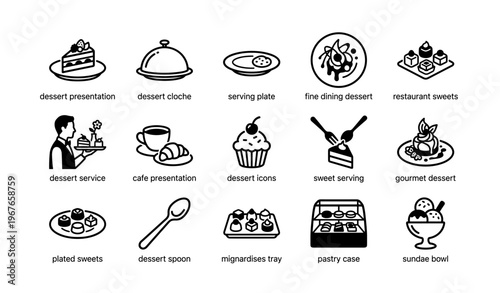 Dessert icons collection featuring pastries, sweets, and serving utensils