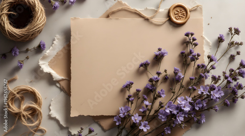 Blank vintage beige card with purple statice flowers and wax seal on white surface overhead flat lay photography