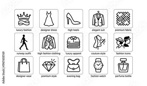Luxury fashion icons: designer dress, high heels, elegant suit, premium fabric
