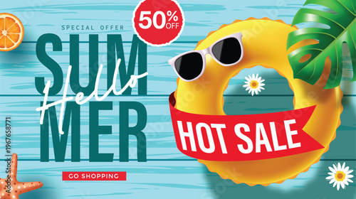 Summer Hot Sale Vector Banner with Yellow Inflatable Ring and Beach Accessories on Blue Wood Background