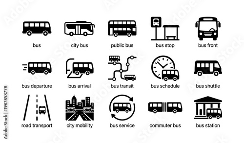 Public bus icons set: transport, schedule, and transit symbols collection