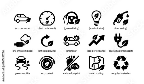 Eco car icons: efficiency, sustainability, green driving, recycled materials