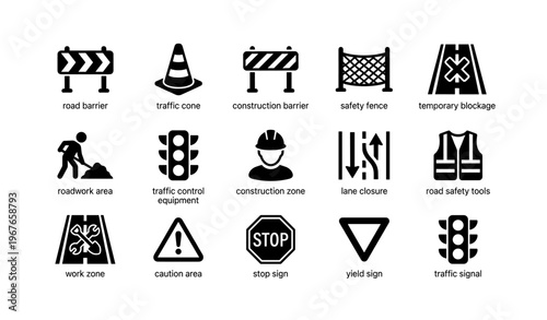 Traffic and construction safety icons set for roadwork and hazard signage