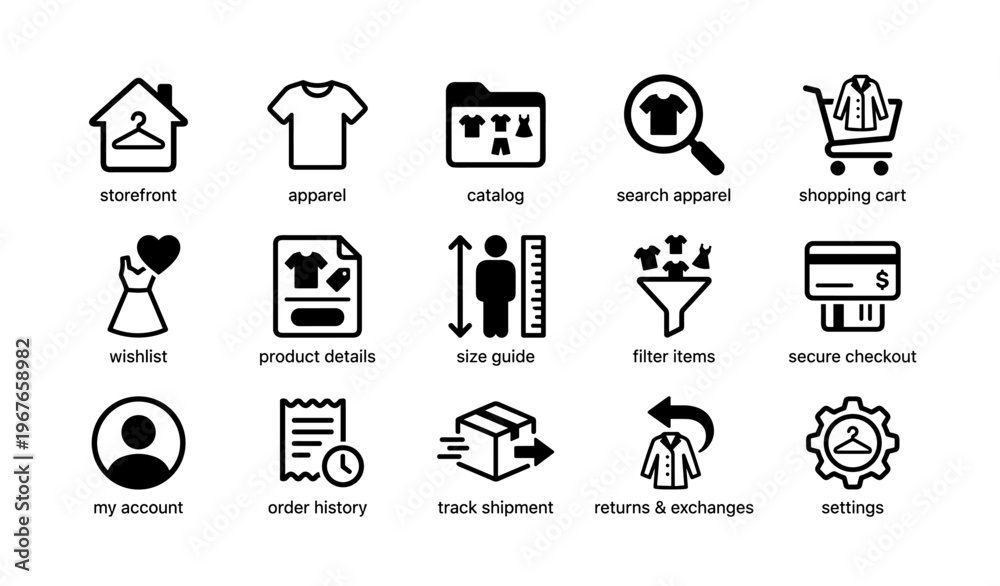 Fototapeta premium Online shopping icons set: apparel, search, cart, wishlist, checkout, account management