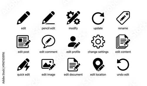 Set of 16 black and white editing icons including pencil, gear, and location symbols