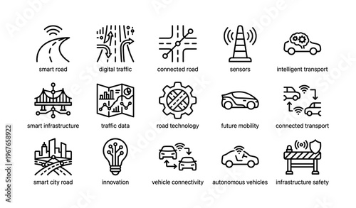 Smart infrastructure and future mobility icons for connected transportation solutions