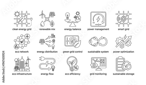 Renewable energy icons: clean energy, smart grid, eco network, energy balance, sustainable system