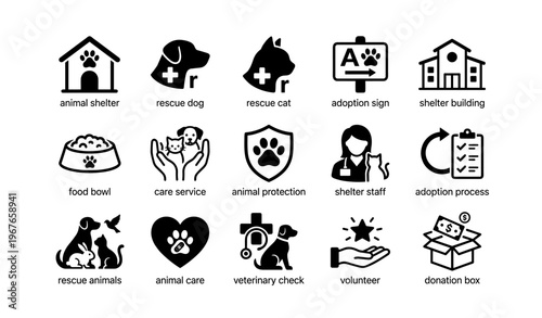 Animal shelter icons including rescue dog, cat, adoption sign, veterinary care, donation box