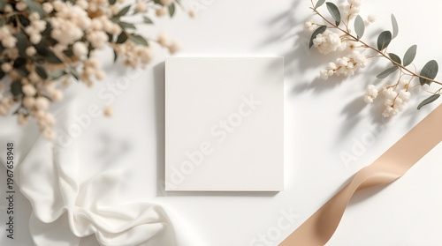 Blank white rectangular card mockup surrounded by white fabric cloth and decorative eucalyptus branches in soft morning sunlight overhead flat lay