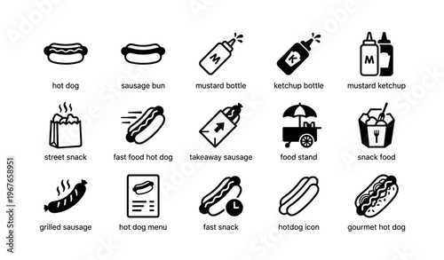 Fast food icons: hot dogs, snacks, condiments, and street vendors concept art