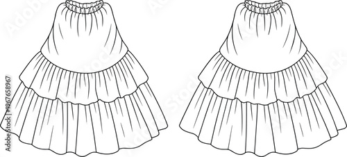 Flat vector ruffle skirt template front back fashion apparel design illustration