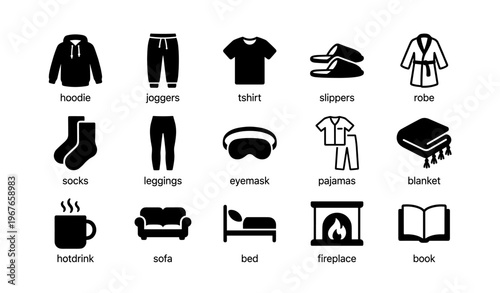 Cozy wardrobe essentials and home comfort icons collection