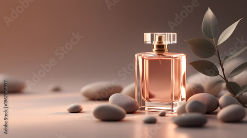 Clear glass perfume bottle standing on smooth beige stones with natural leaf accent in soft golden sunset lighting studio photography