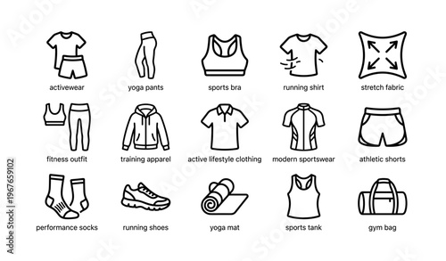 Active lifestyle clothing icons featuring yoga pants and sports bra for fitness enthusiasts