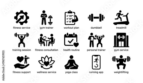 Fitness and wellness icons: gym, yoga, weightlifting, treadmill, consultation
