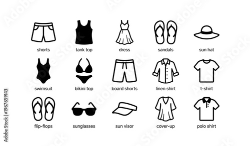 Summer clothing icons: shorts, dress, sandals, swimsuit, hat collection
