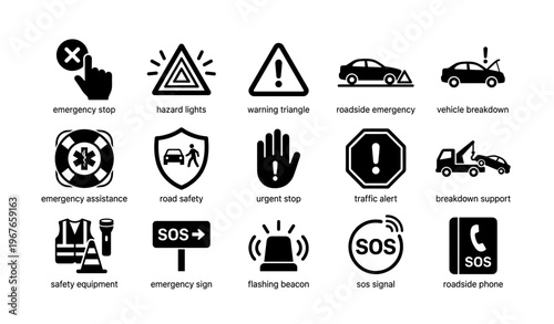 Emergency safety icons for roadside assistance and vehicle breakdown situations
