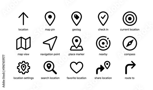 Minimalist location icons: navigation, compass, geotag, map, pin