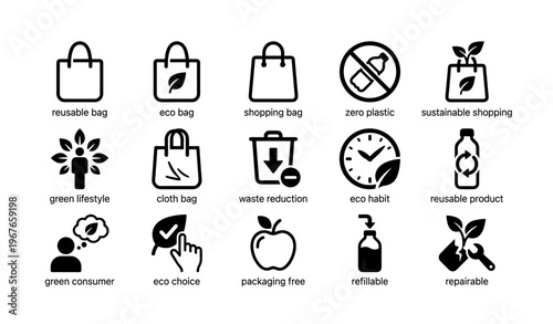 Eco-friendly shopping icons: sustainable practices and green lifestyle elements
