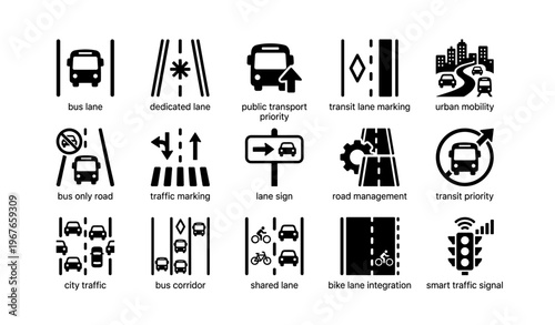 Icons illustrating urban mobility and public transport prioritization