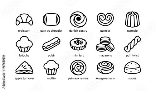 Assorted french pastries icons featuring croissants eclairs and macarons