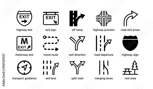 Various highway signs and symbols for exit and route guidance