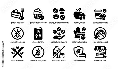 Gluten-free dessert icons and labels for healthy vegan and allergy-friendly bakery options
